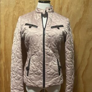 Blanc Noir Quilted Satin Jacket in Blush Pink and brown leather.